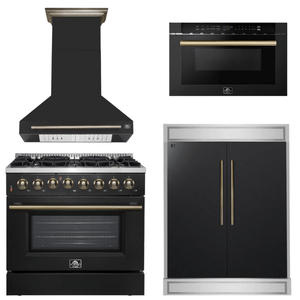 FORNO Appliance Package - 36" Dual Fuel Range, Range Hood, 60" Refrigerator, Microwave in Black with Antique Brass Accents