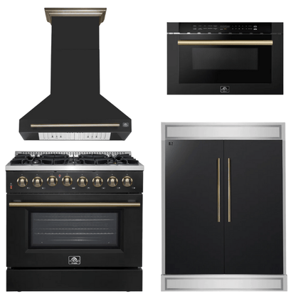 FORNO Appliance Package - 36" Dual Fuel Range, Range Hood, 60" Refrigerator, Microwave in Black with Antique Brass Accents