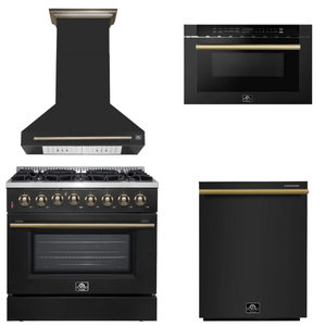 FORNO Appliance Package - 36" Dual Fuel Range, Range Hood, Dishwasher, Microwave in Black with Antique Brass Accents