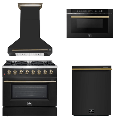 FORNO Appliance Package - 36" Dual Fuel Range, Range Hood, Dishwasher, Microwave in Black with Antique Brass Accents