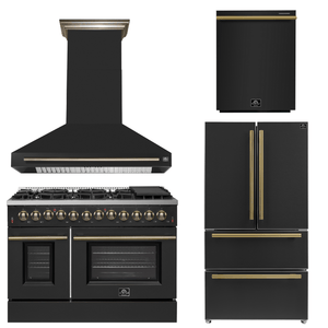 FORNO Appliance Package - 48" Dual Fuel Range, Range Hood, 36" Refrigerator, Dishwasher in Black with Antique Brass Accents