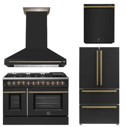 FORNO Appliance Package - 48" Dual Fuel Range, Range Hood, 36" Refrigerator, Dishwasher in Black with Antique Brass Accents