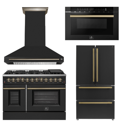 FORNO Appliance Package - 48" Dual Fuel Range, Range Hood, 36" Refrigerator, Microwave in Black with Antique Brass Accents