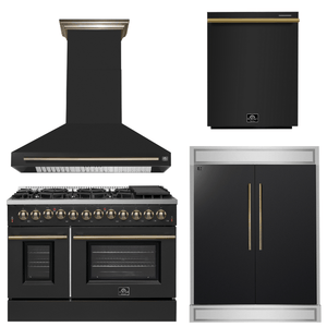 FORNO Appliance Package - 48" Dual Fuel Range, Range Hood, 60" Refrigerator, Dishwasher in Black with Antique Brass Accents
