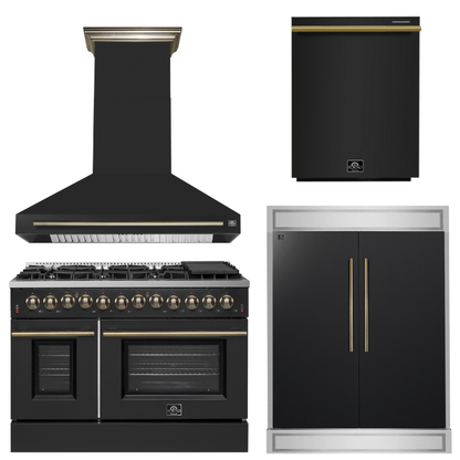 FORNO Appliance Package - 48" Dual Fuel Range, Range Hood, 60" Refrigerator, Dishwasher in Black with Antique Brass Accents