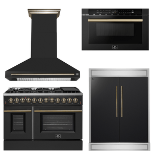 FORNO Appliance Package - 48" Dual Fuel Range, Range Hood, 60" Refrigerator, Microwave in Black with Antique Brass Accents
