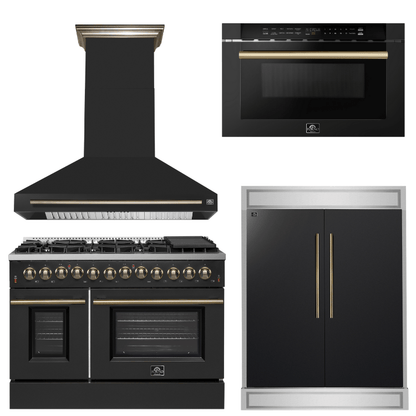FORNO Appliance Package - 48" Dual Fuel Range, Range Hood, 60" Refrigerator, Microwave in Black with Antique Brass Accents
