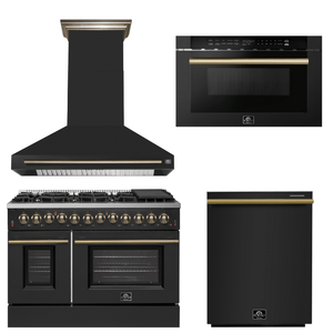 FORNO Appliance Package - 48" Dual Fuel Range, Range Hood, Dishwasher, Microwave in Black with Antique Brass Accents