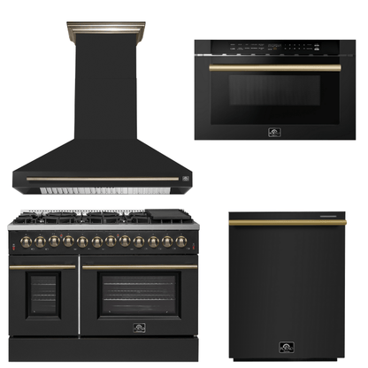 FORNO Appliance Package - 48" Dual Fuel Range, Range Hood, Dishwasher, Microwave in Black with Antique Brass Accents