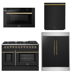 FORNO Appliance Package - 48" Dual Fuel Range, 60" Refrigerator, Dishwasher, Microwave in Black with Antique Brass Accents
