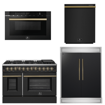 FORNO Appliance Package - 48" Dual Fuel Range, 60" Refrigerator, Dishwasher, Microwave in Black with Antique Brass Accents