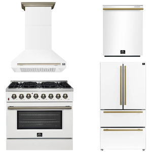FORNO Appliance Package - 36" Dual Fuel Range, Range Hood, 36" Refrigerator, Dishwasher in White with Antique Brass Accents