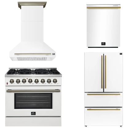 FORNO Appliance Package - 36" Dual Fuel Range, Range Hood, 36" Refrigerator, Dishwasher in White with Antique Brass Accents