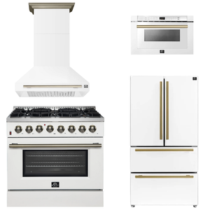 FORNO Appliance Package - 36" Dual Fuel Range, Range Hood, 36" Refrigerator, Microwave in White with Antique Brass Accents