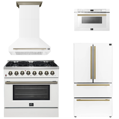 FORNO Appliance Package - 36" Dual Fuel Range, Range Hood, 36" Refrigerator, Microwave in White with Antique Brass Accents