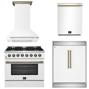 FORNO Appliance Package - 36" Dual Fuel Range, Range Hood, 60" Refrigerator, Dishwasher in White with Antique Brass Accents
