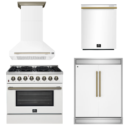 FORNO Appliance Package - 36" Dual Fuel Range, Range Hood, 60" Refrigerator, Dishwasher in White with Antique Brass Accents