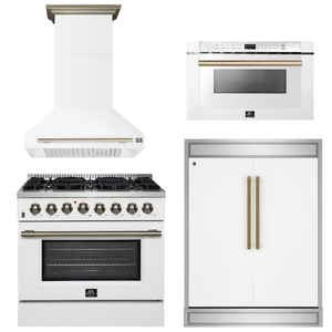 FORNO Appliance Package - 36" Dual Fuel Range, Range Hood, 60" Refrigerator, Microwave in White with Antique Brass Accents
