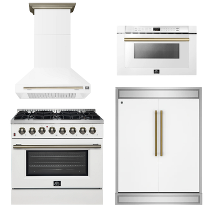 FORNO Appliance Package - 36" Dual Fuel Range, Range Hood, 60" Refrigerator, Microwave in White with Antique Brass Accents