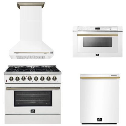 FORNO Appliance Package - 36" Dual Fuel Range, Range Hood, Dishwasher, Microwave in White with Antique Brass Accents