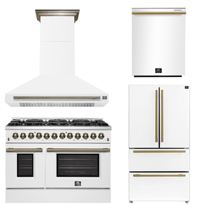 FORNO Appliance Package - 48" Dual Fuel Range, Range Hood, 36" Refrigerator, Dishwasher in White with Antique Brass Accents
