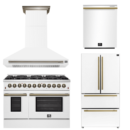 FORNO Appliance Package - 48" Dual Fuel Range, Range Hood, 36" Refrigerator, Dishwasher in White with Antique Brass Accents