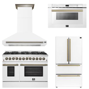 FORNO Appliance Package - 48" Dual Fuel Range, Range Hood, 36" Refrigerator, Microwave in White with Antique Brass Accents