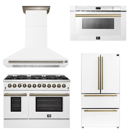 FORNO Appliance Package - 48" Dual Fuel Range, Range Hood, 36" Refrigerator, Microwave in White with Antique Brass Accents