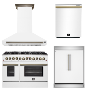 FORNO Appliance Package - 48" Dual Fuel Range, Range Hood, 60" Refrigerator, Dishwasher in White with Antique Brass Accents