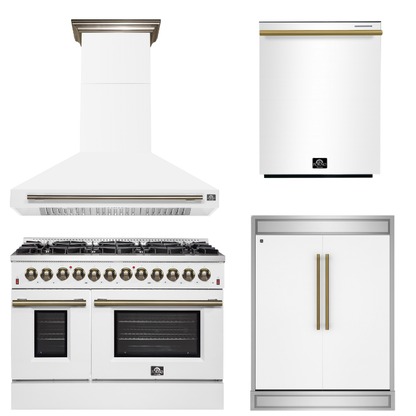 FORNO Appliance Package - 48" Dual Fuel Range, Range Hood, 60" Refrigerator, Dishwasher in White with Antique Brass Accents