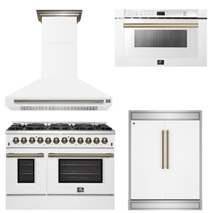 FORNO Appliance Package - 48" Dual Fuel Range, Range Hood, 60" Refrigerator, Microwave in White with Antique Brass Accents
