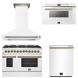 FORNO Appliance Package - 48" Dual Fuel Range, Range Hood, Dishwasher, Microwave in White with Antique Brass Accents