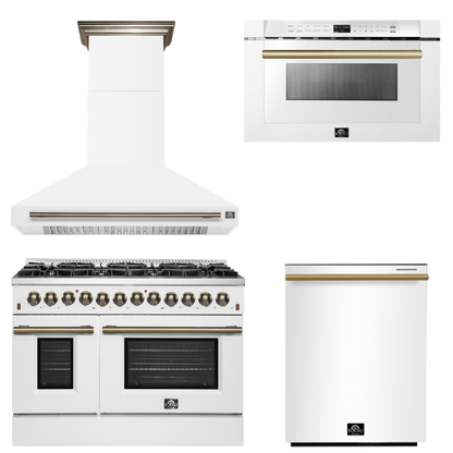 FORNO Appliance Package - 48" Dual Fuel Range, Range Hood, Dishwasher, Microwave in White with Antique Brass Accents