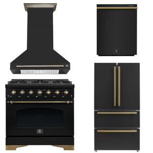FORNO Espresso Package - 36" Gas Range, Range Hood, 36" Refrigerator, Dishwasher in Black with Antique Brass Accents