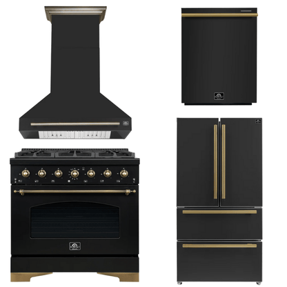 FORNO Espresso Package - 36" Gas Range, Range Hood, 36" Refrigerator, Dishwasher in Black with Antique Brass Accents