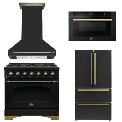 FORNO Espresso Package - 36" Gas Range, Range Hood, 36" Refrigerator, Microwave in Black with Antique Brass Accents