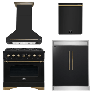 FORNO Espresso Package - 36" Gas Range, Range Hood, 60" Refrigerator, Dishwasher in Black with Antique Brass Accents