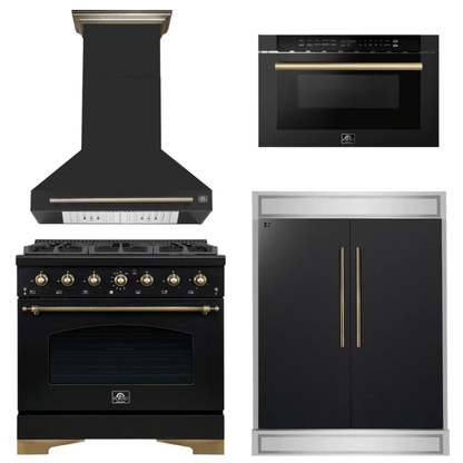 FORNO Espresso Package - 36" Gas Range, Range Hood, 60" Refrigerator, Microwave in Black with Antique Brass Accents
