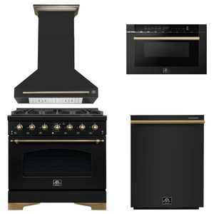 FORNO Espresso Package - 36" Gas Range, Range Hood, Dishwasher, Microwave in Black with Antique Brass Accents