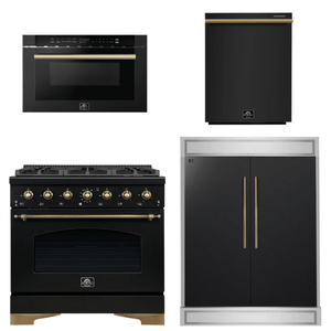 FORNO Espresso Package - 36" Gas Range, 60" Refrigerator, Dishwasher, Microwave in Black with Antique Brass Accents