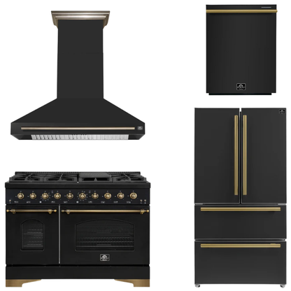 FORNO Espresso Package - 48" Gas Range, Range Hood, 36" Refrigerator, Dishwasher in Black with Antique Brass Accents