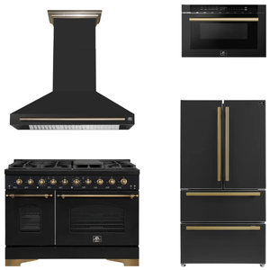 FORNO Espresso Package - 48" Gas Range, Range Hood, 36" Refrigerator, Microwave in Black with Antique Brass Accents