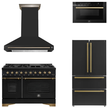 FORNO Espresso Package - 48" Gas Range, Range Hood, 36" Refrigerator, Microwave in Black with Antique Brass Accents