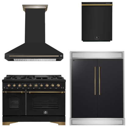 FORNO Espresso Package - 48" Gas Range, Range Hood, 60" Refrigerator, Dishwasher in Black with Antique Brass Accents