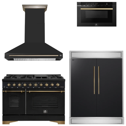 FORNO Espresso Package - 48" Gas Range, Range Hood, 60" Refrigerator, Microwave in Black with Antique Brass Accents