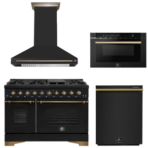 FORNO Espresso Package - 48" Gas Range, Range Hood, Dishwasher, Microwave in Black with Antique Brass Accents