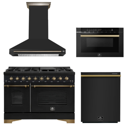 FORNO Espresso Package - 48" Gas Range, Range Hood, Dishwasher, Microwave in Black with Antique Brass Accents