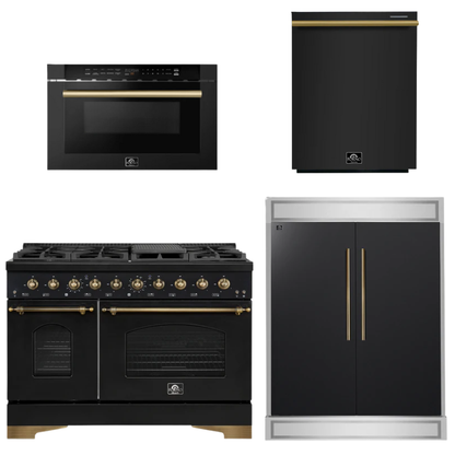 FORNO Espresso Package - 48" Gas Range, 60" Refrigerator, Dishwasher, Microwave in Black with Antique Brass Accents