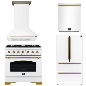 FORNO Espresso Package - 36" Gas Range, Range Hood, 36" Refrigerator, Dishwasher in White with Antique Brass Accents