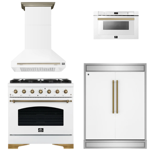 FORNO Espresso Package - 36" Gas Range, Range Hood, 60" Refrigerator, Microwave in White with Antique Brass Accents